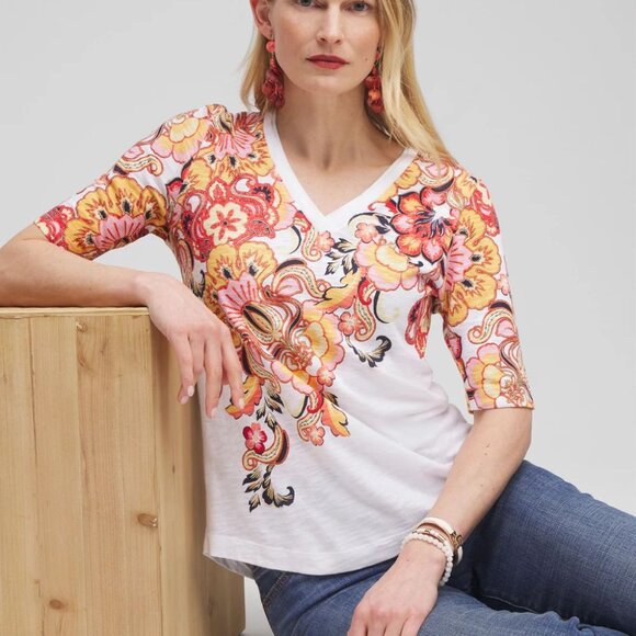 Chico's Women's Floral Elbow Sleeve A-Line Tee Sz 0 Multicolor Fall V-Neck Comfy - Picture 2 of 7
